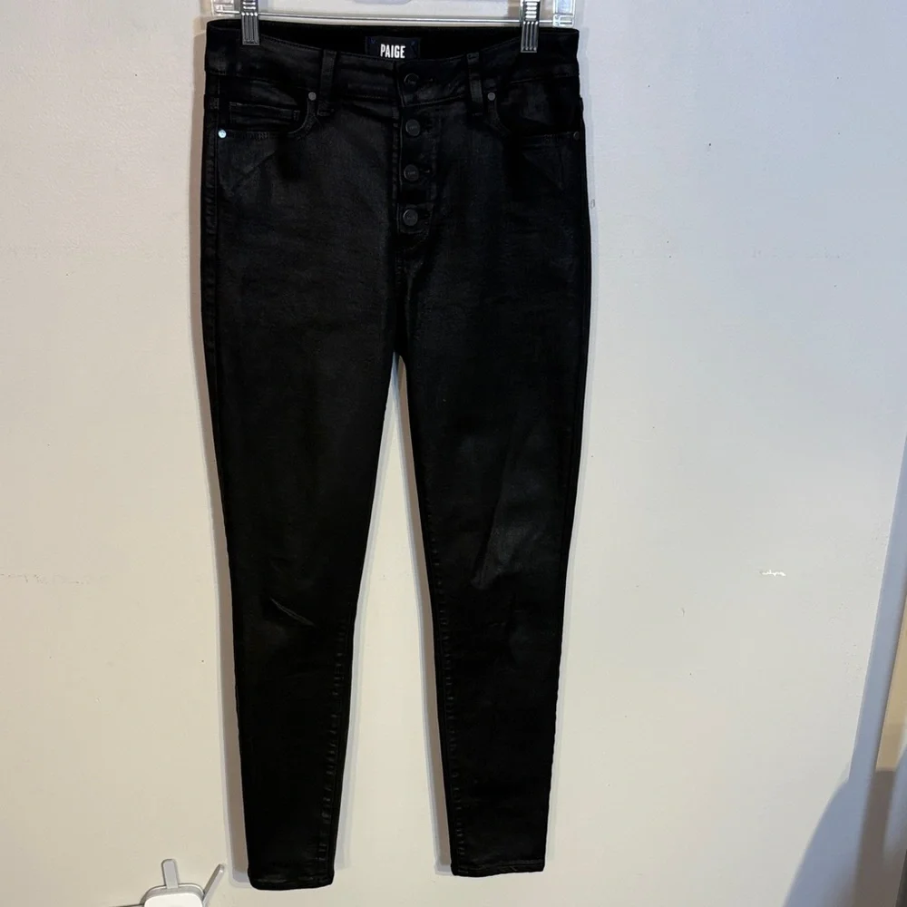 PAIGE Hoxten Ultra skinny Black shiny jeans size 28 like new - Picture 2 of 10